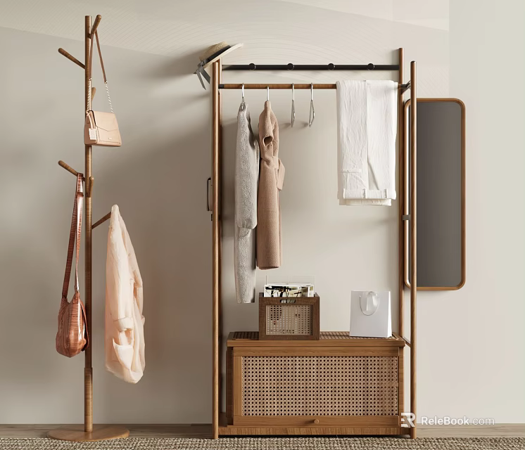 Modern Wooden Clothes Hanger With Hanging Garments Bags And Mirror Design 3d model 