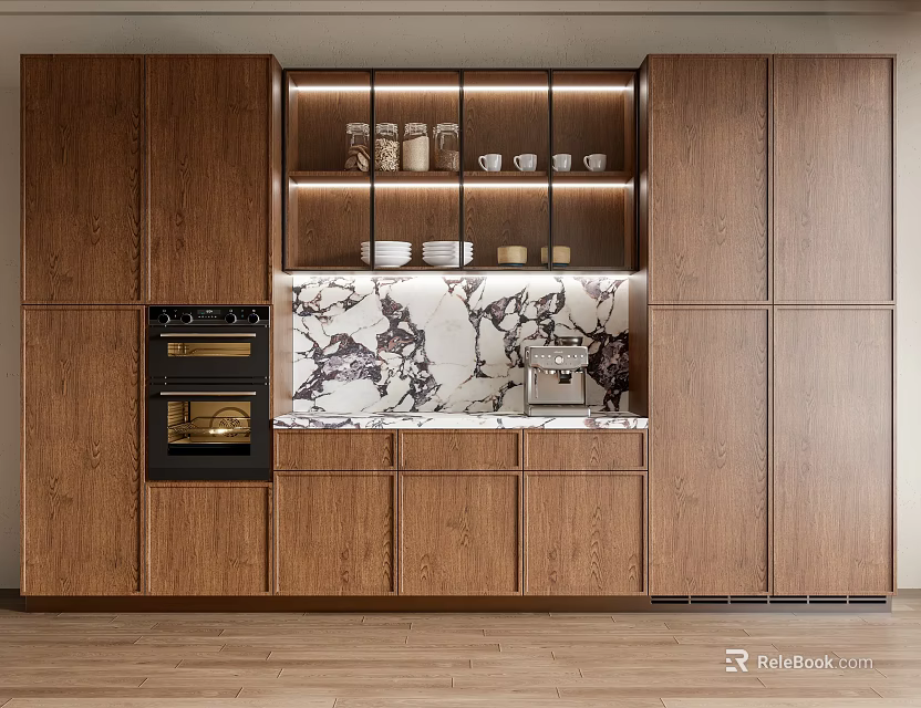 Modern Kitchen Interior With Wooden Cabinets Open Shelves Marble Countertop And Lighting 3d model 