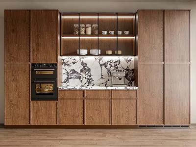Modern Kitchen Interior With Wooden Cabinets Open Shelves Marble Countertop And Lighting 3d model