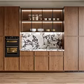 Modern Kitchen Interior With Wooden Cabinets Open Shelves Marble Countertop And Lighting