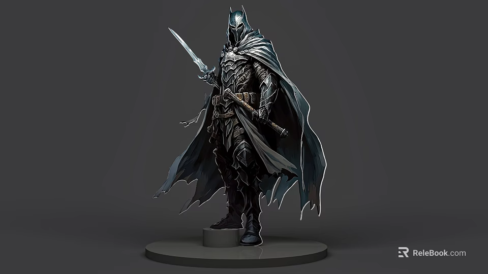 Armored Cloaked Sword Wielding Dark Fantasy Game and Movie Character Standing on Pedestal 3d model 