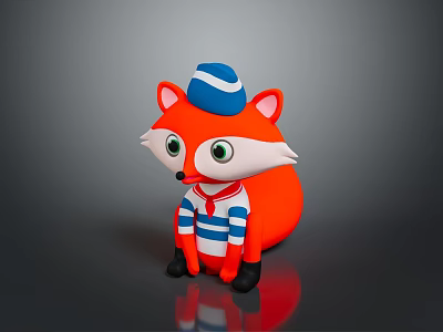 Cute Cartoon Fox Character With Orange Body Blue White Hat Striped Shirt Green Eyes 3d model