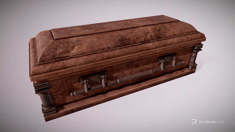 Classic Vintage Wooden Brown Coffin With Carved Details And Metal Handles Design 3d model 