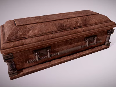 Classic Vintage Wooden Brown Coffin With Carved Details And Metal Handles Design 3d model