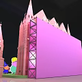 Pink Castle Style Christmas Stage With Cartoon Characters Mushroom Decorations And Green Floor