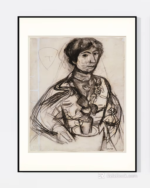 Artistic Portrait Sketch with Short Hair Patterned Clothing and Decorative Chest Elements in Charcoal 3d model 
