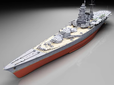 Detailed Military Warship Model With Gray Deck Red Hull And Turrets 3d model
