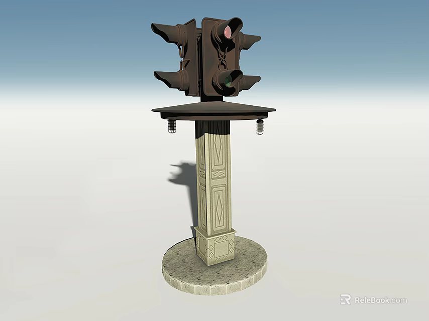 Municipal Road Traffic Light Structure With Ornamental Pole And Stone Base 3d model 