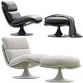 Modern Leather and Sheepskin Accent Chairs with Round Base Ottoman and Throw Blanket