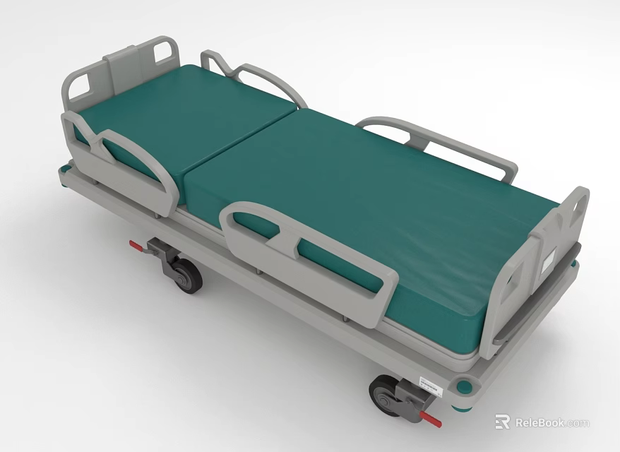 Medical Bed Featuring Green Mattress Gray Frame and Side Railings with Wheels 3d model 