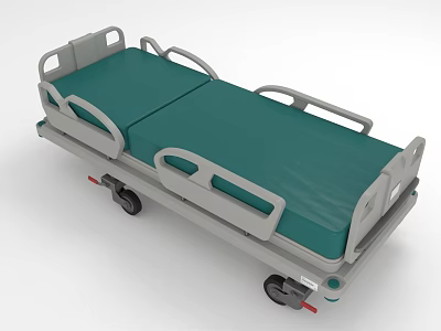 Medical Bed Featuring Green Mattress Gray Frame and Side Railings with Wheels 3d model