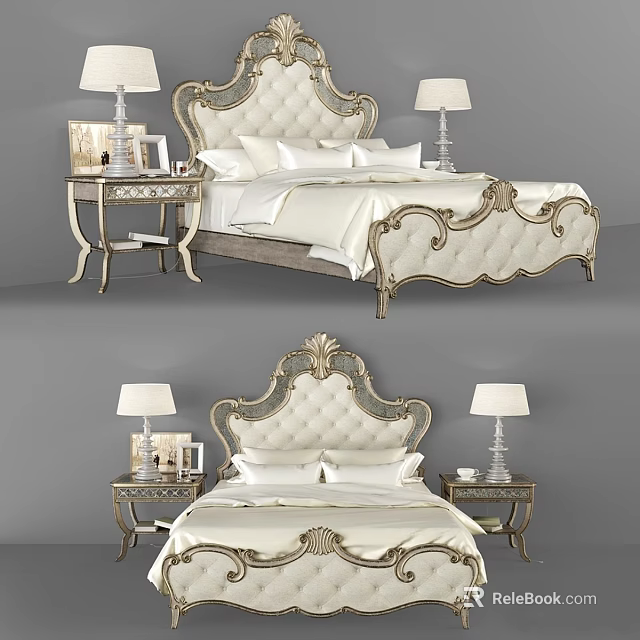 Luxurious European Bed with Carved Headboard White Upholstery Matching Nightstands Table Lamps Decorative Items 3d model 