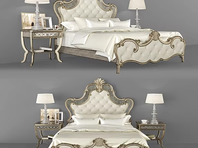 Luxurious European Bed with Carved Headboard White Upholstery Matching Nightstands Table Lamps Decorative Items 3d model