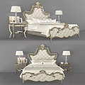 Luxurious European Bed with Carved Headboard White Upholstery Matching Nightstands Table Lamps Decorative Items