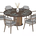 Modern Round Wooden Dining Table Set With Light Gray Chairs And Dinnerware 3d model