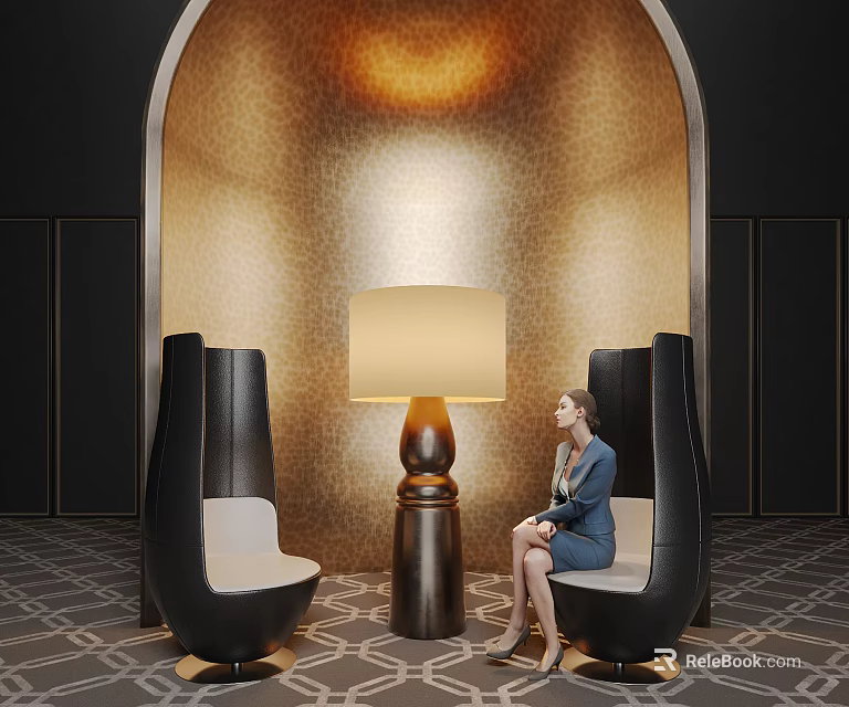 Elegant Leisure Chairs With Sitting Woman Floor Lamp Gold Textured Wall And Geometric Carpet 3d model 