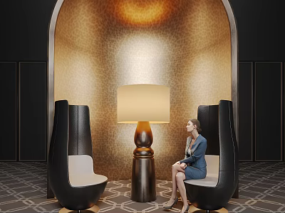 Elegant Leisure Chairs With Sitting Woman Floor Lamp Gold Textured Wall And Geometric Carpet 3d model