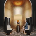 Elegant Leisure Chairs With Sitting Woman Floor Lamp Gold Textured Wall And Geometric Carpet