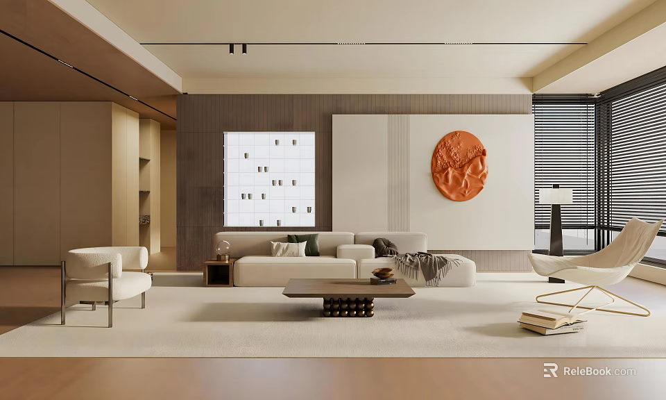 Modern Living Room Interior With Beige Sofa Wooden Coffee Table Orange Artwork And White Chairs 3d model 