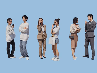 Multiple People Standing in Different Casual and Formal Outfits Against Blue Background 3d model