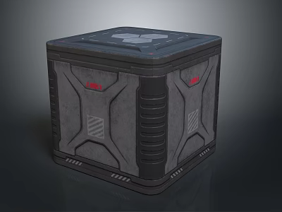 Cube Shaped Household Item With Gray And Black Textured Exterior And Red Logo Design 3d model