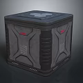 Cube Shaped Household Item With Gray And Black Textured Exterior And Red Logo Design