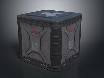 Cube Shaped Household Item With Gray And Black Textured Exterior And Red Logo Design 3d model