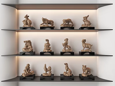 Animal Shaped Decorative Ornament Set on Black Shelves with Lit Display Arrangement 3d model