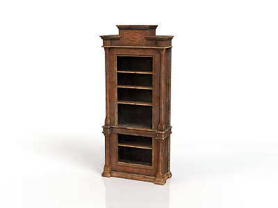 Traditional Wooden Bookcase with Multiple Shelves and Decorative Carved Top Design 3d model