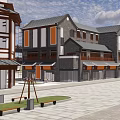 Traditional Style Commercial Street With Walking Pedestrians Storefronts And Lush Green Trees