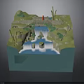 Miniature Landscape Scene Model With Waterfall Bridge Green Plants And Bamboo