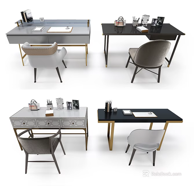Modern Desk Designs With Various Chairs Stationery Notebooks And Decor Items 3d model