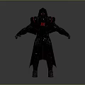 Hooded Warrior Character In Black Armor With Red Emblem And Sword