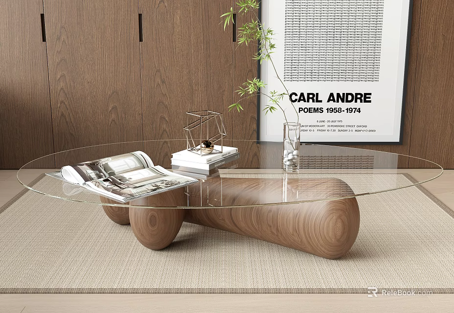 Modern Coffee Table With Wooden Base Clear Glass Top Magazines And Green Plant Decor 3d model 