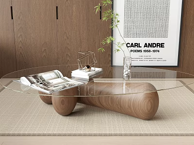 Modern Coffee Table With Wooden Base Clear Glass Top Magazines And Green Plant Decor 3d model