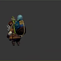 Bearded Old Man In Brown Outfit Carrying Blue Turtle With Green Plants On Back