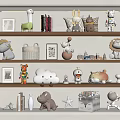 Decorative Ornament Set with Animal Figurines Cloud Decor Photo Frames and Books on Lit Shelves