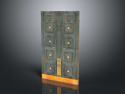 Decorative Dark Colored Double Door Cabinet With Gold Accents Circular Square Patterns Handles And Base 3d model