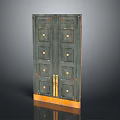 Decorative Dark Colored Double Door Cabinet With Gold Accents Circular Square Patterns Handles And Base