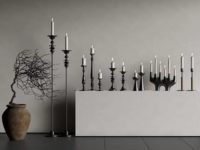 Decorative Ornament Set Featuring Black Candle Holders White Candles Brown Clay Pot And Twig Decoration 3d model