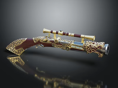 Ornate Decorative Rifle with Golden Engravings Wooden Stock and Brass Scope 3d model