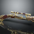 Ornate Decorative Rifle with Golden Engravings Wooden Stock and Brass Scope