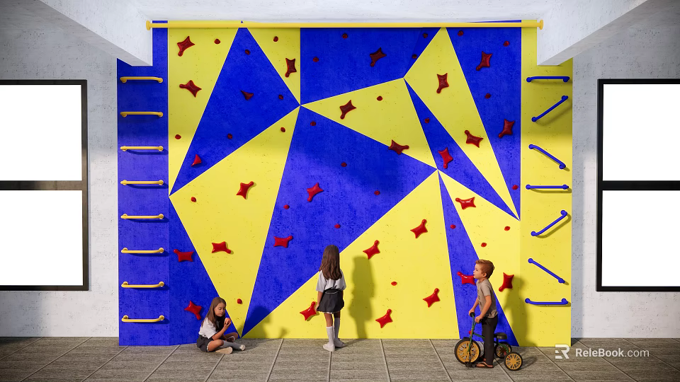 Fun Indoor Kids Climbing Wall with Blue and Yellow Surface and Red Star Shaped Holds 3d model 