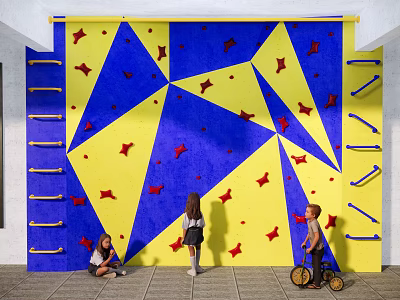 Fun Indoor Kids Climbing Wall with Blue and Yellow Surface and Red Star Shaped Holds 3d model