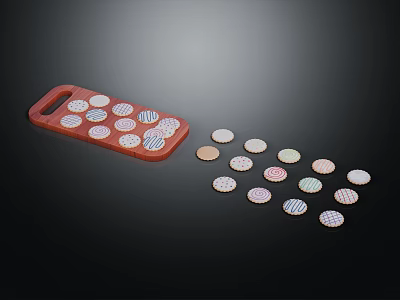 Small Round Pastries Placed On Red Tray With Scattered Pieces Around 3d model