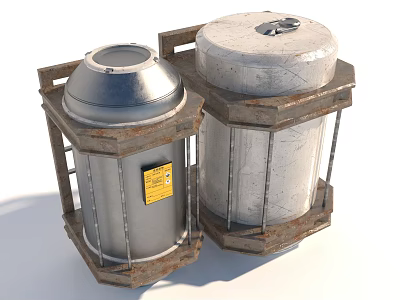 Industrial Storage Equipment With Metal Frames Different Lids And Yellow Warning Labels 3d model