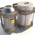 Industrial Storage Equipment With Metal Frames Different Lids And Yellow Warning Labels