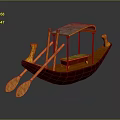 Traditional Wooden Water Transport with Curved Canopy Red Seat and Yellow Oars