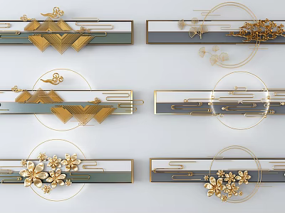 Modern Elegant Wall Decor With Gold Geometric Patterns Floral Accents And Lines 3d model