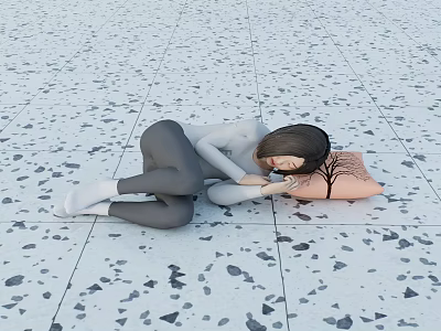 Woman Lying on Gray Speckled Floor Tiles Hugging Pink Pillow With Tree Pattern 3d model